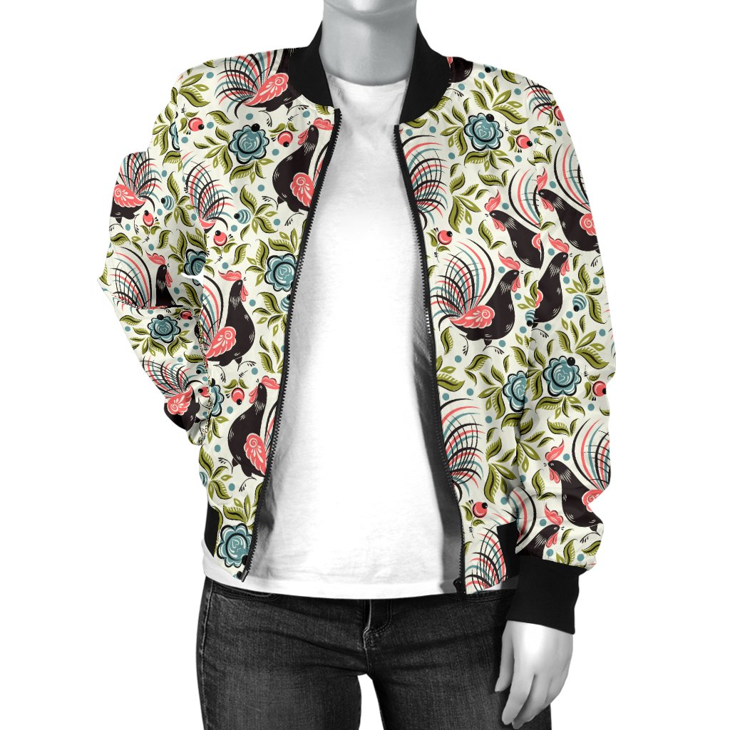 Rooster Print Design Women Casual Bomber Jacket