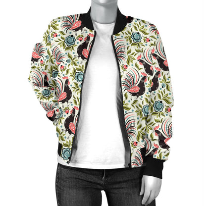 Rooster Print Design Women Casual Bomber Jacket