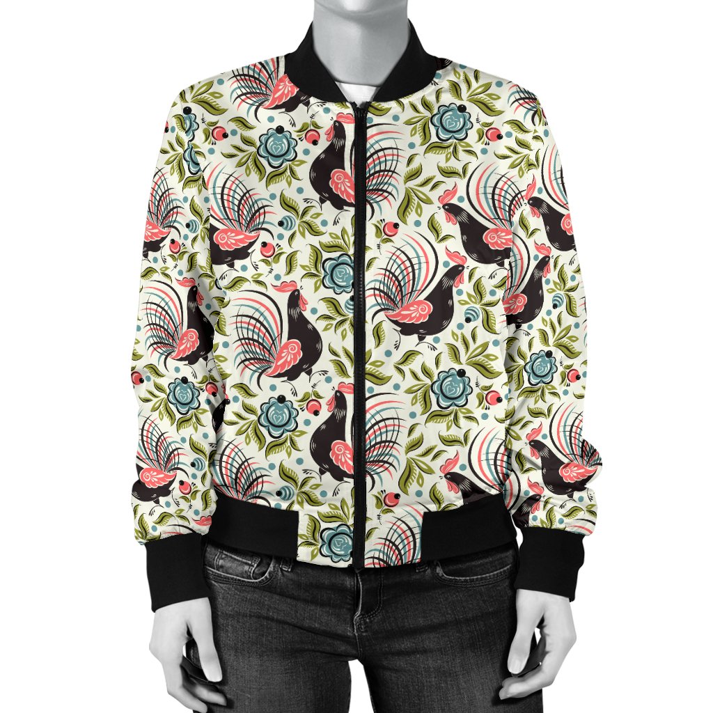 Rooster Print Design Women Casual Bomber Jacket