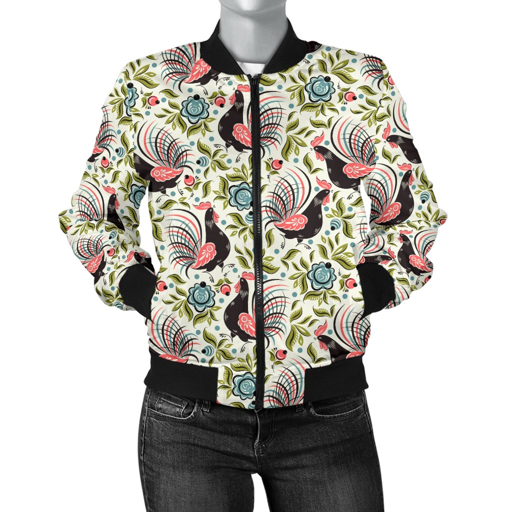 Rooster Print Design Women Casual Bomber Jacket