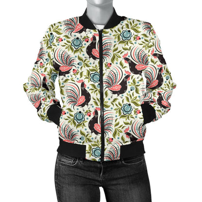 Rooster Print Design Women Casual Bomber Jacket