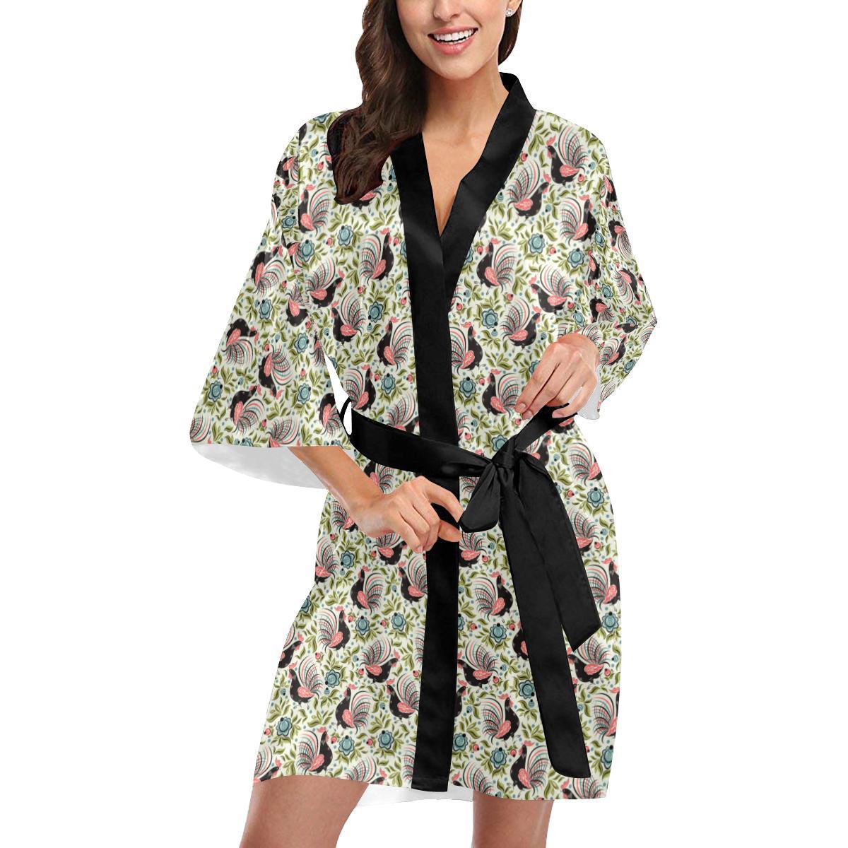 Rooster Print Design Women Short Kimono Robe