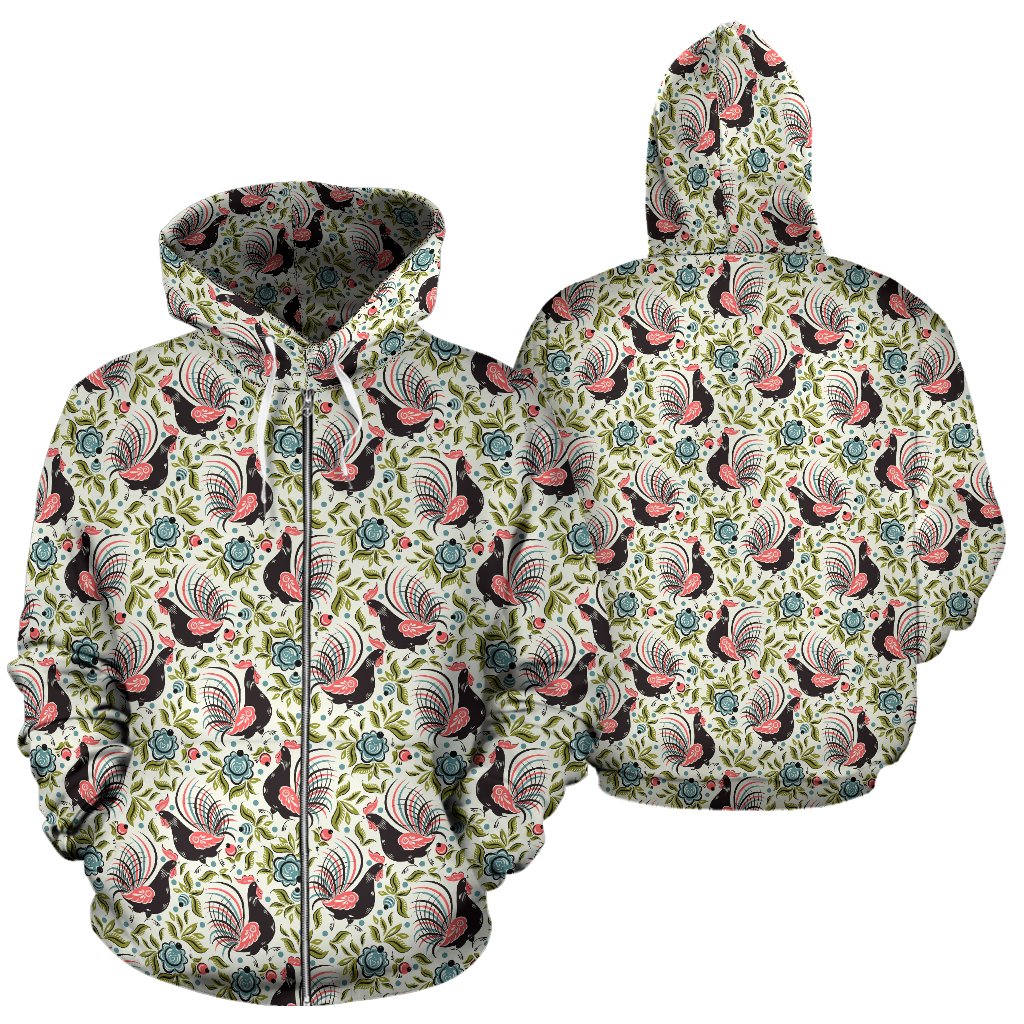 Rooster Print Design Zip Up Hoodie