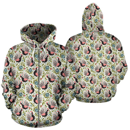 Rooster Print Design Zip Up Hoodie