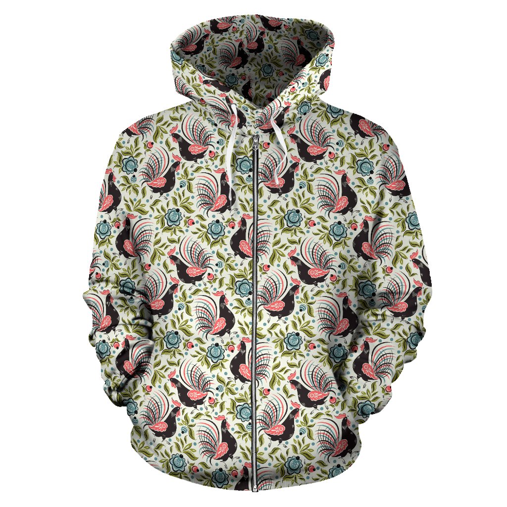 Rooster Print Design Zip Up Hoodie