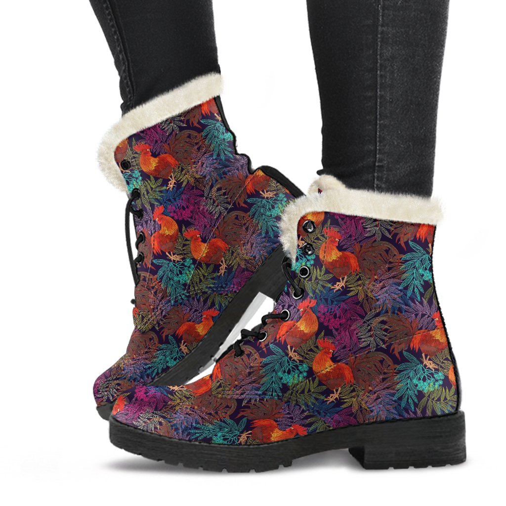 Rooster Print Style Faux Fur Leather Boots-JTAMIGO.COM