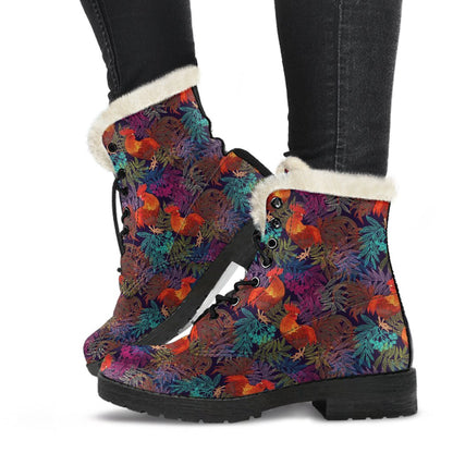 Rooster Print Style Faux Fur Leather Boots-JTAMIGO.COM