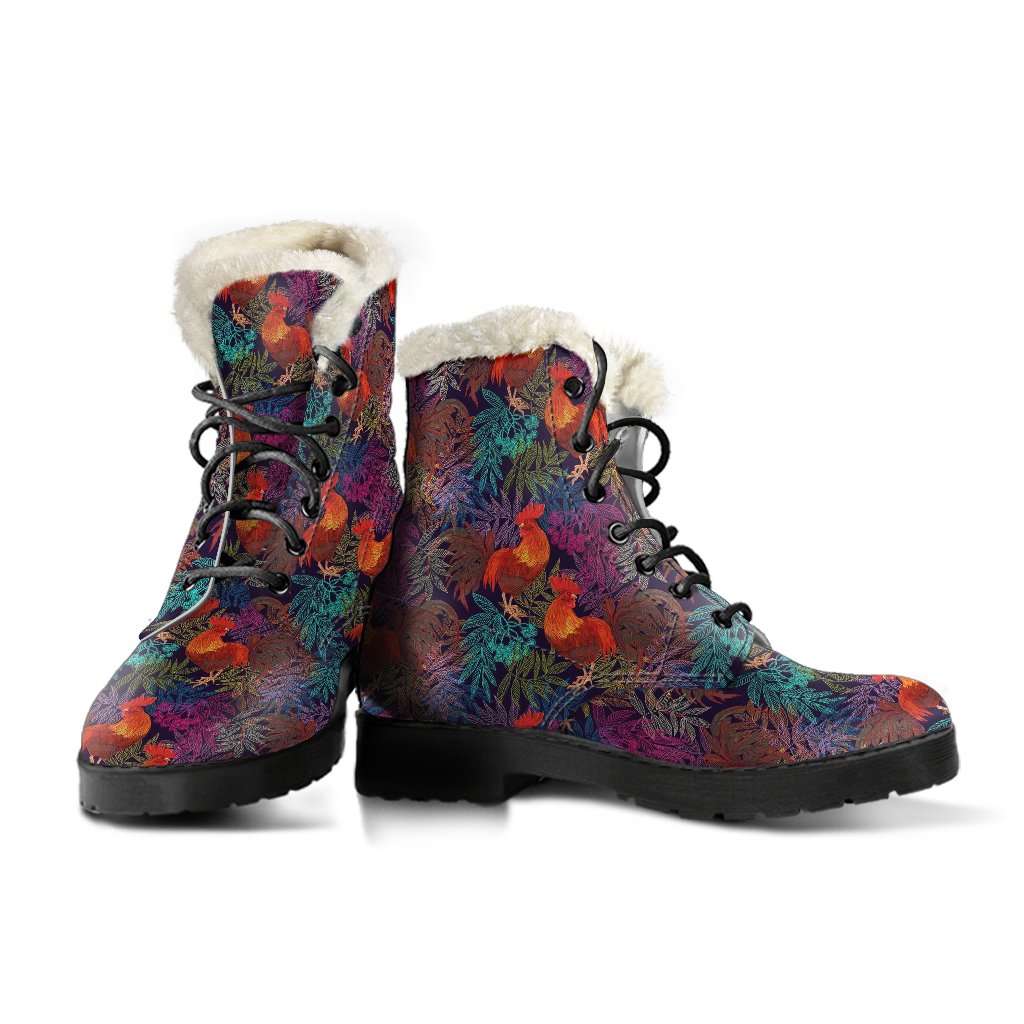 Rooster Print Style Faux Fur Leather Boots-JTAMIGO.COM