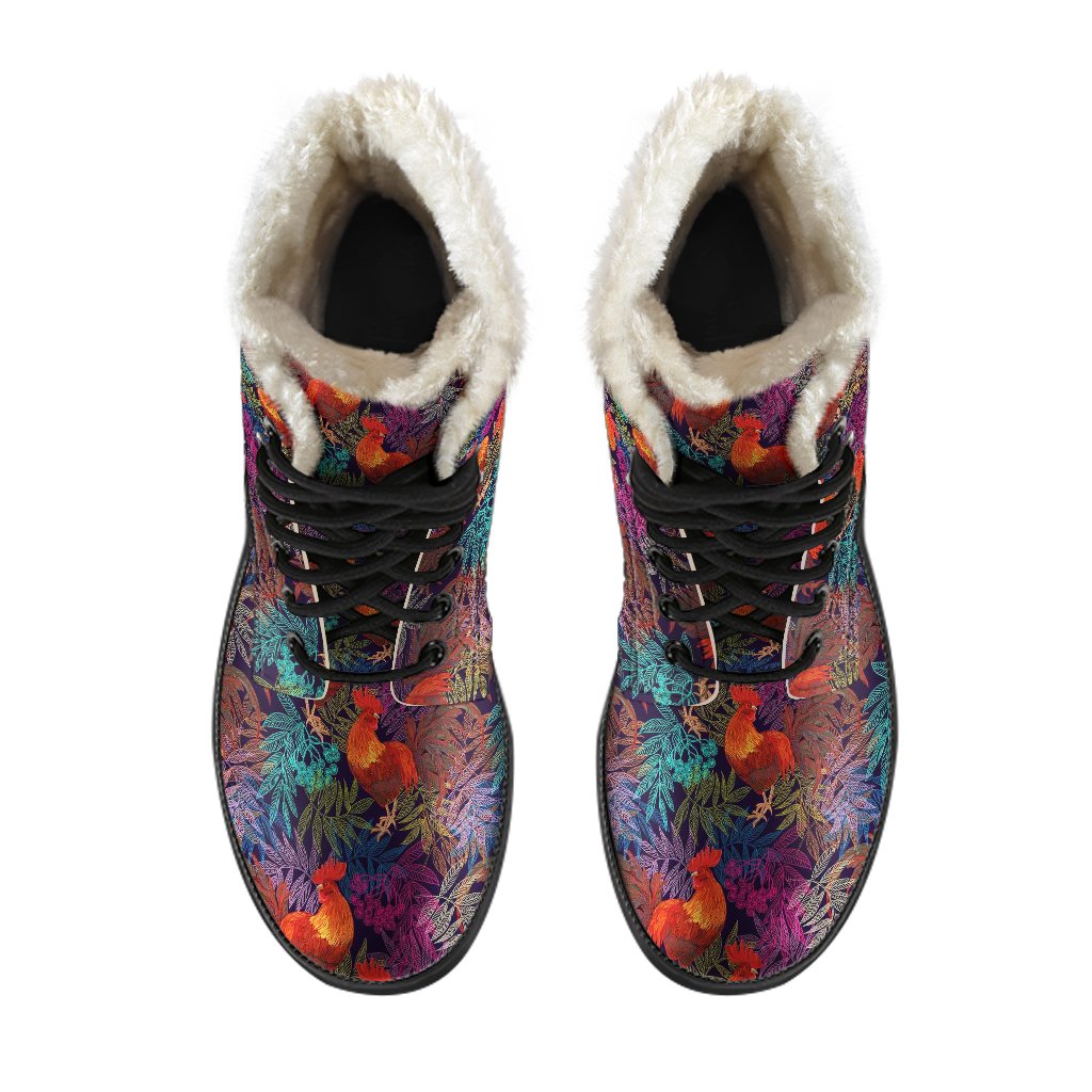 Rooster Print Style Faux Fur Leather Boots-JTAMIGO.COM