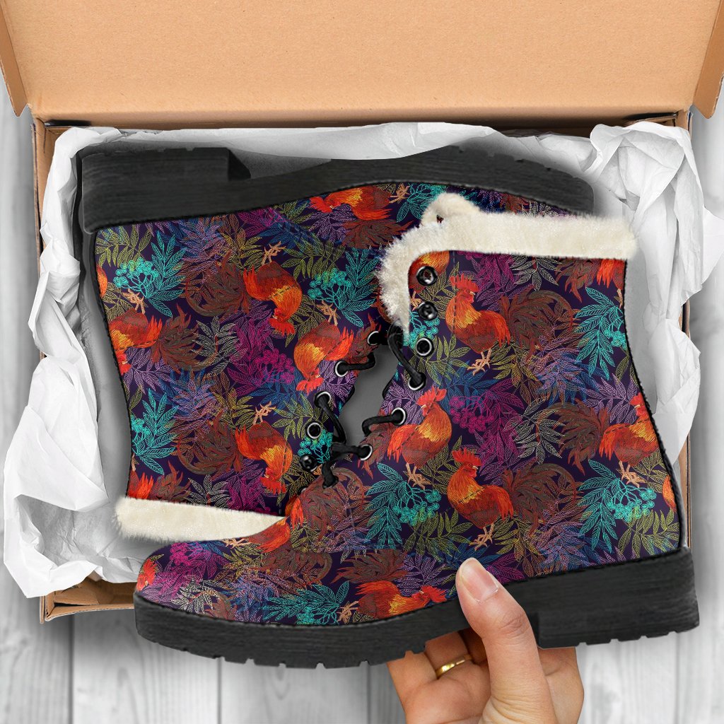 Rooster Print Style Faux Fur Leather Boots-JTAMIGO.COM