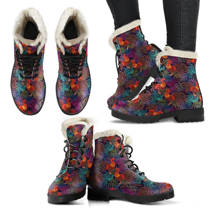 Rooster Print Style Faux Fur Leather Boots-JTAMIGO.COM