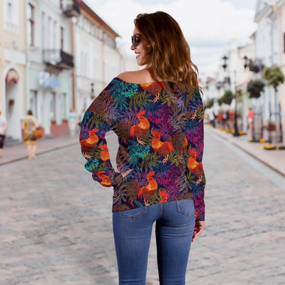 Rooster Print Style Off Shoulder Sweatshirt