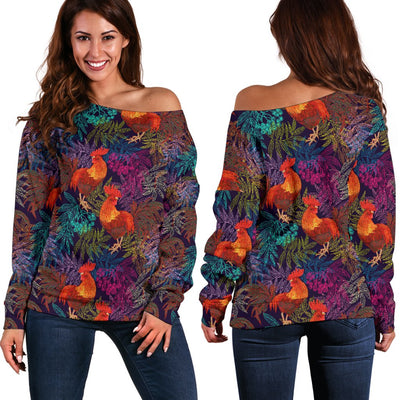 Rooster Print Style Off Shoulder Sweatshirt