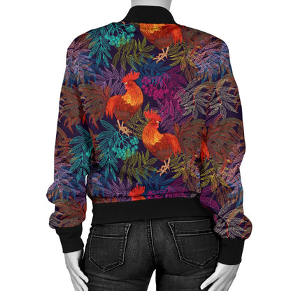 Rooster Print Style Women Casual Bomber Jacket