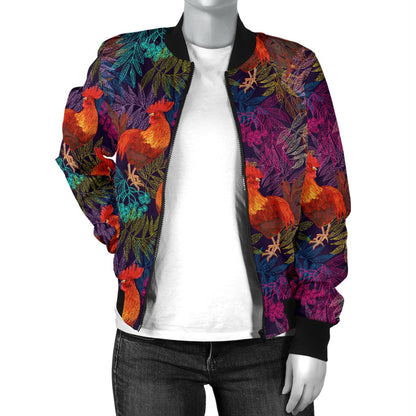 Rooster Print Style Women Casual Bomber Jacket