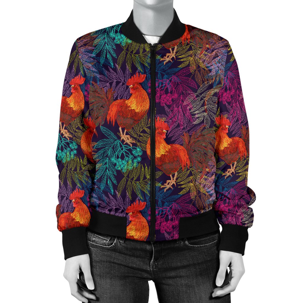 Rooster Print Style Women Casual Bomber Jacket