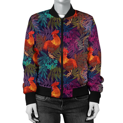 Rooster Print Style Women Casual Bomber Jacket