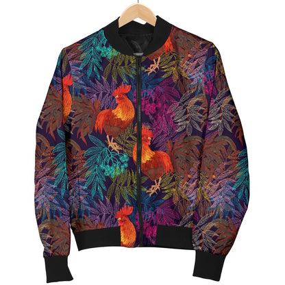Rooster Print Style Women Casual Bomber Jacket