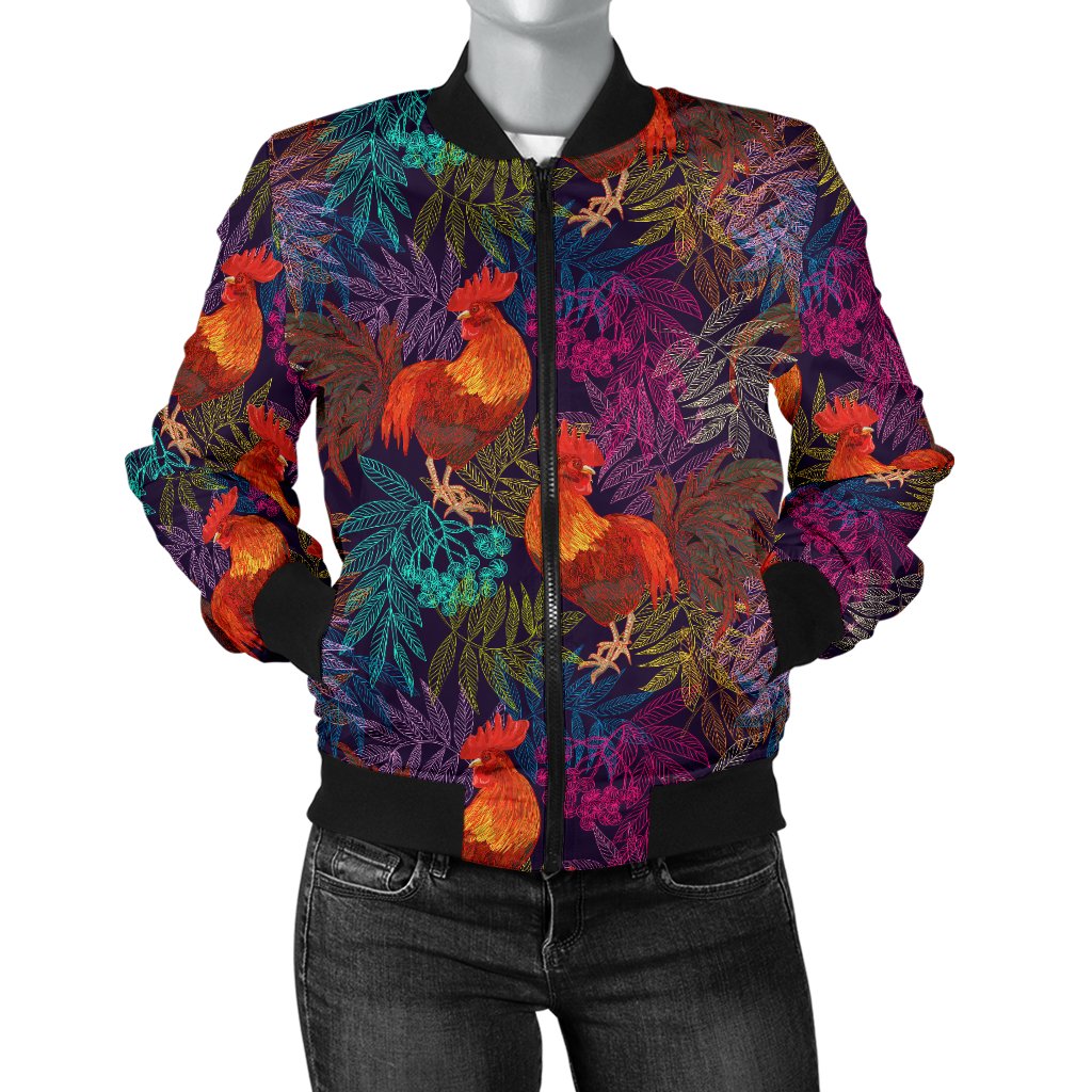 Rooster Print Style Women Casual Bomber Jacket
