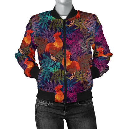Rooster Print Style Women Casual Bomber Jacket