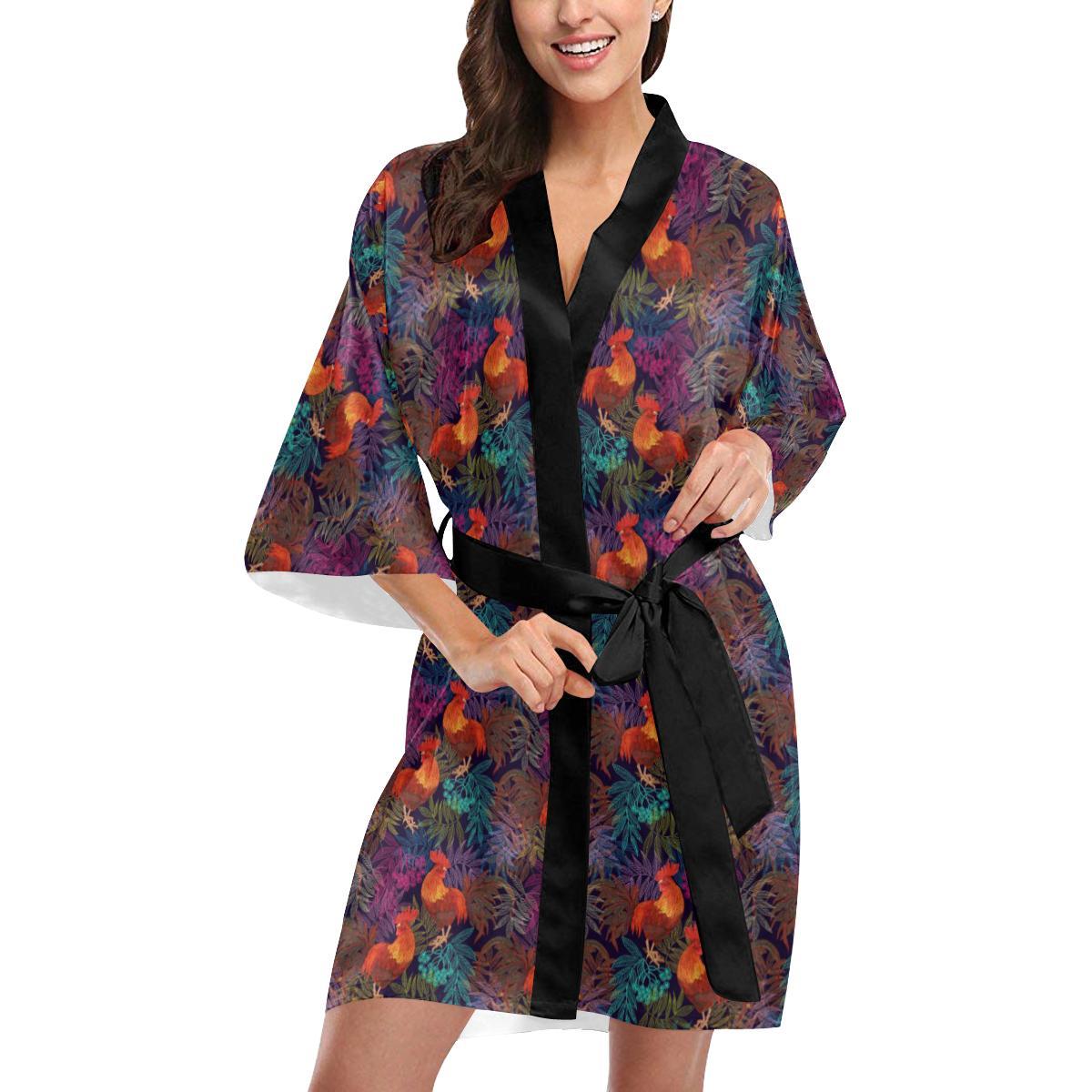 Rooster Print Style Women Short Kimono Robe