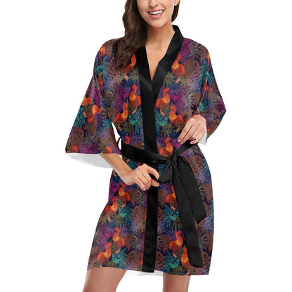 Rooster Print Style Women Short Kimono Robe