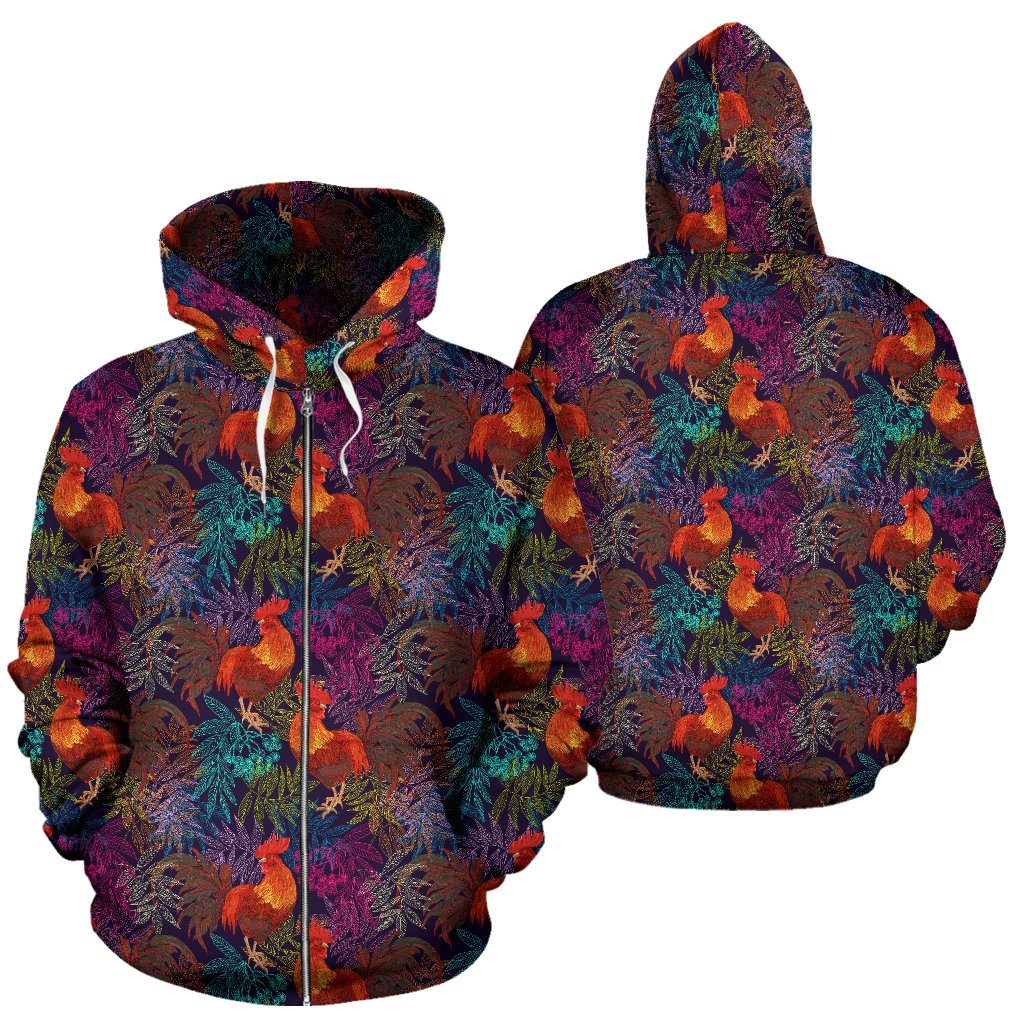 Rooster Print Style Zip Up Hoodie