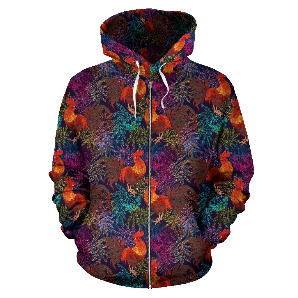 Rooster Print Style Zip Up Hoodie