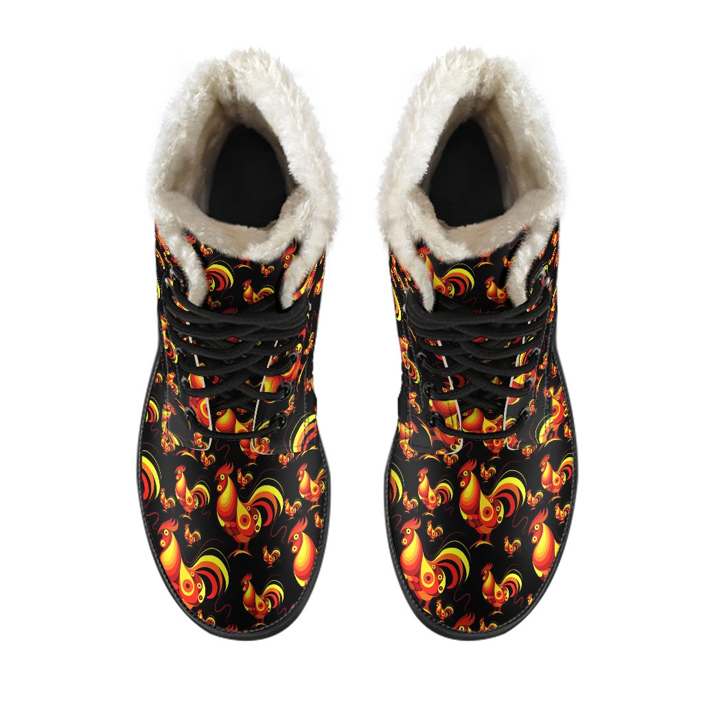 Rooster Print Themed Faux Fur Leather Boots-JTAMIGO.COM
