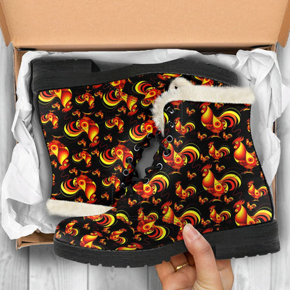 Rooster Print Themed Faux Fur Leather Boots-JTAMIGO.COM