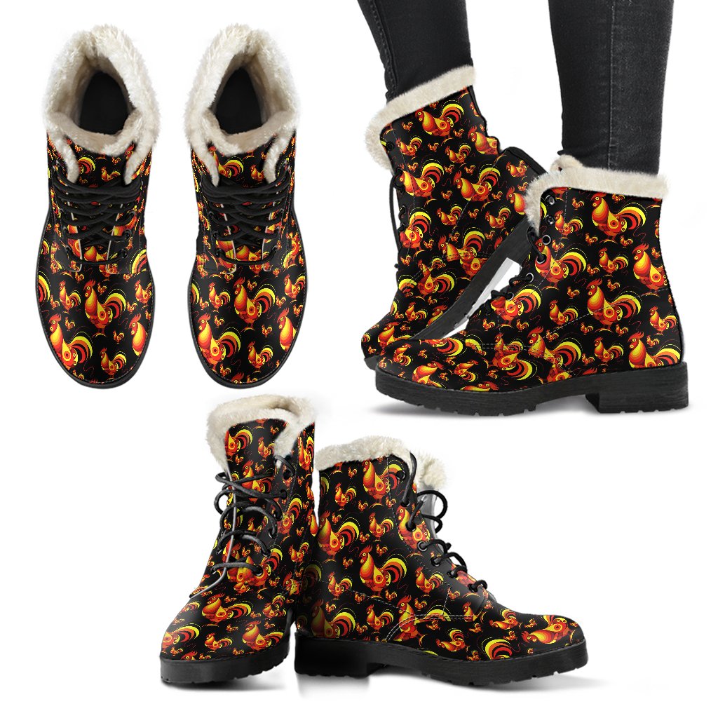 Rooster Print Themed Faux Fur Leather Boots-JTAMIGO.COM