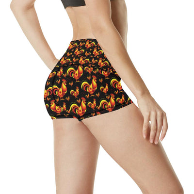 Rooster Print Themed High Waisted Spandex Shorts-JTAMIGO.COM