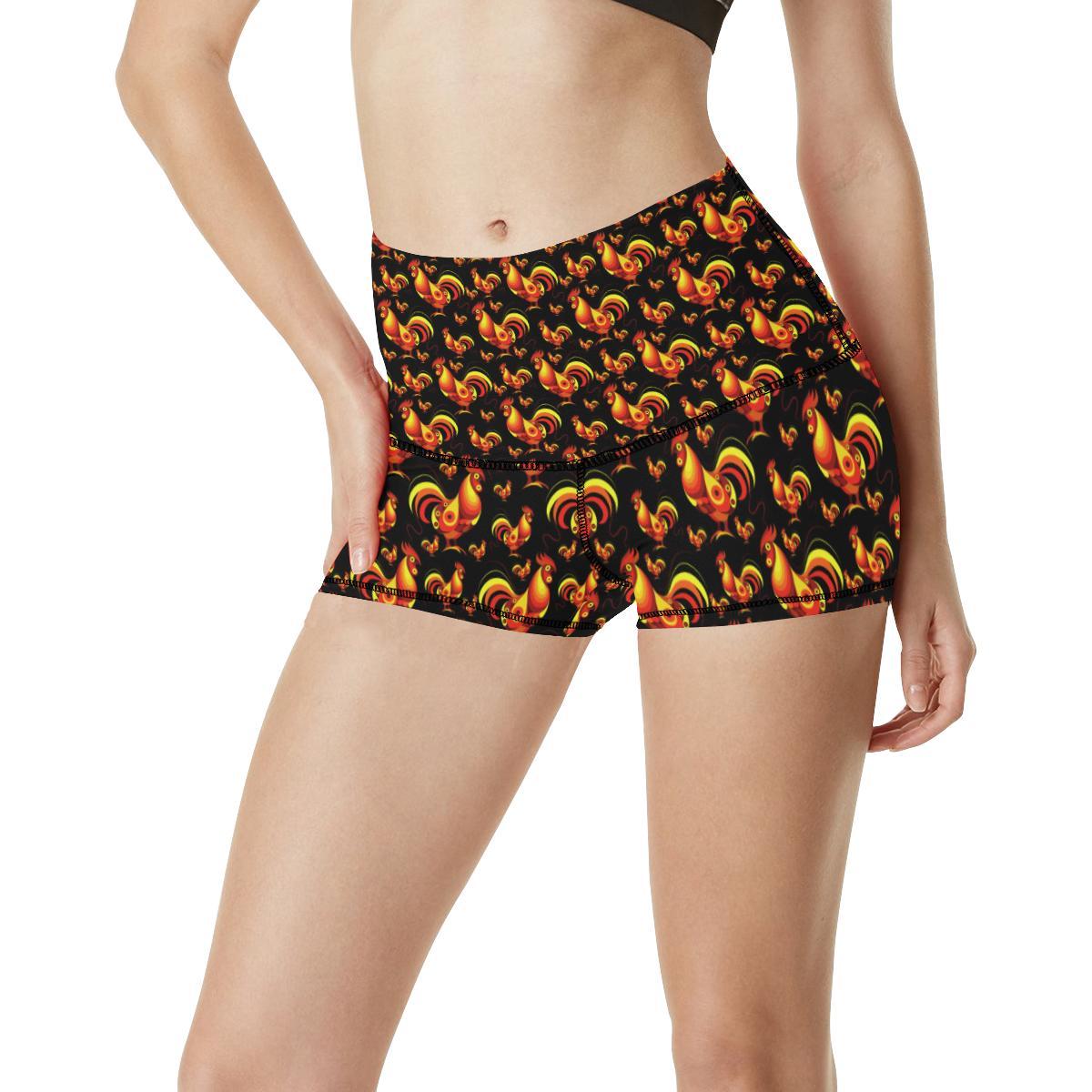 Rooster Print Themed High Waisted Spandex Shorts-JTAMIGO.COM