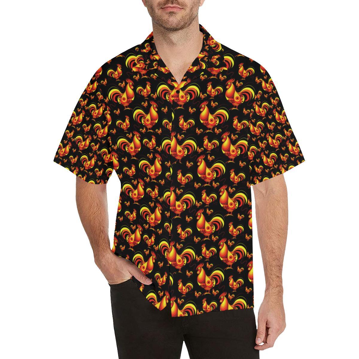 Rooster Print Themed Men Aloha Hawaiian Shirt