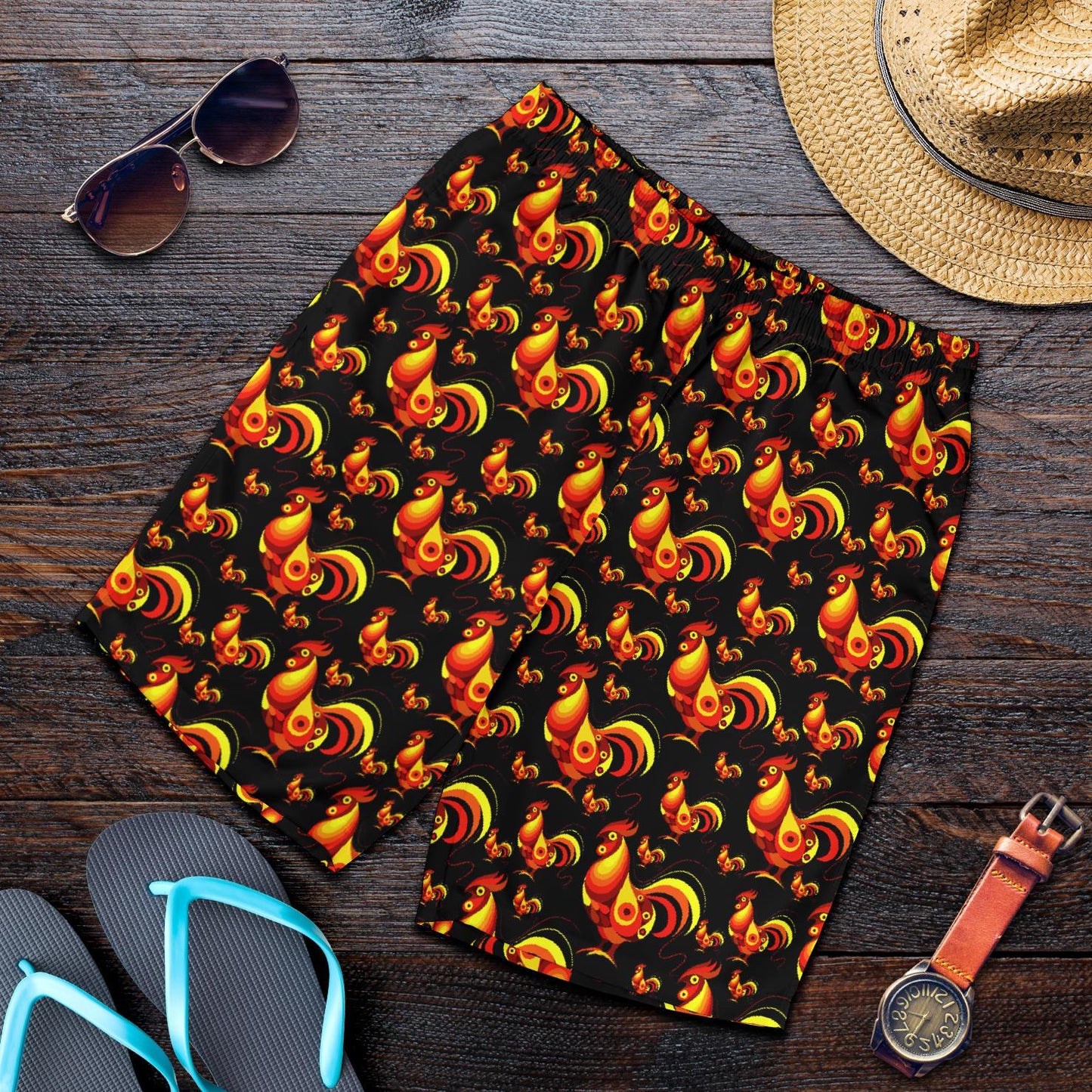 Rooster Print Themed Mens Shorts-JTAMIGO.COM