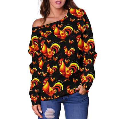 Rooster Print Themed Off Shoulder Sweatshirt