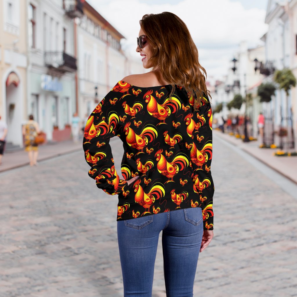 Rooster Print Themed Off Shoulder Sweatshirt