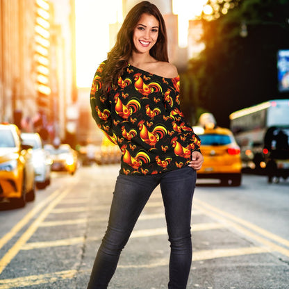 Rooster Print Themed Off Shoulder Sweatshirt