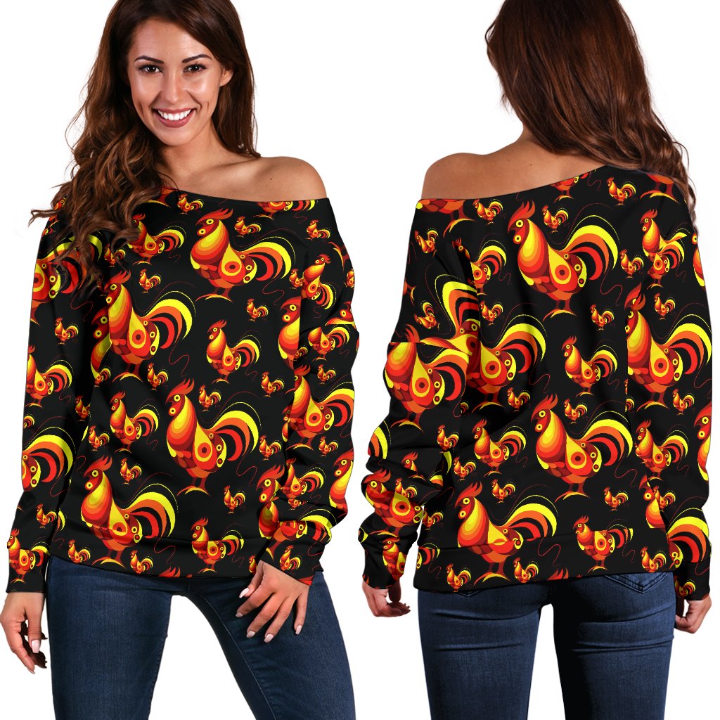 Rooster Print Themed Off Shoulder Sweatshirt