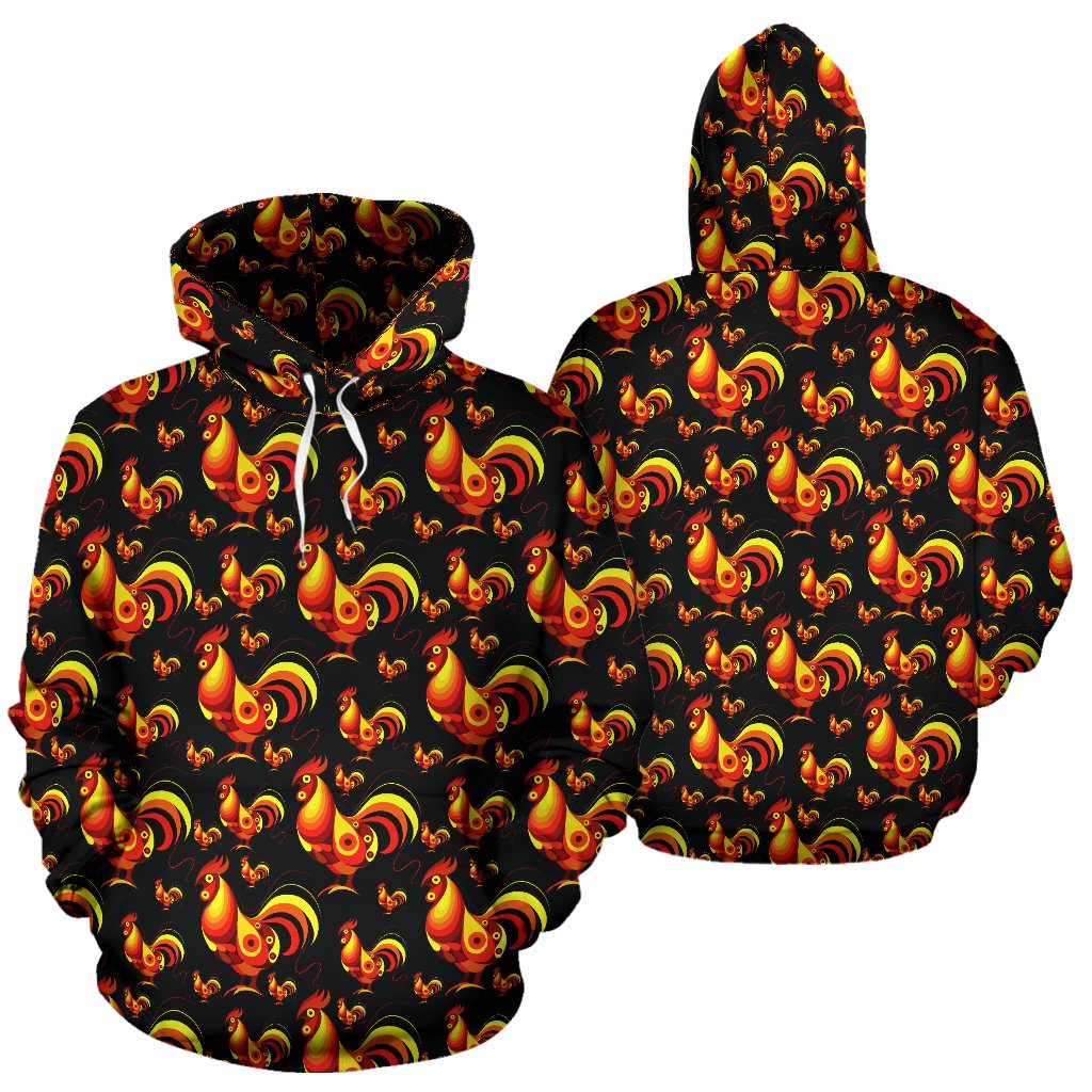 Rooster Print Themed Pullover Hoodie