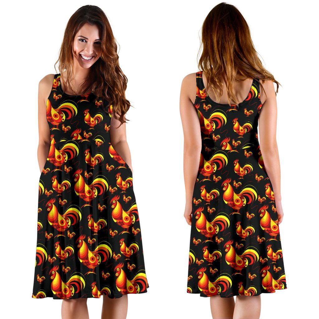 Rooster Print Themed Sleeveless Dress