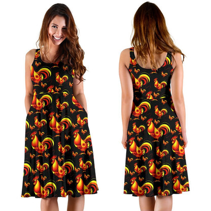 Rooster Print Themed Sleeveless Dress