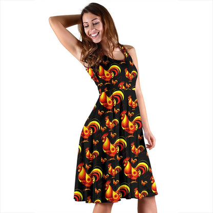 Rooster Print Themed Sleeveless Dress
