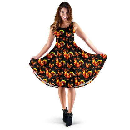 Rooster Print Themed Sleeveless Dress