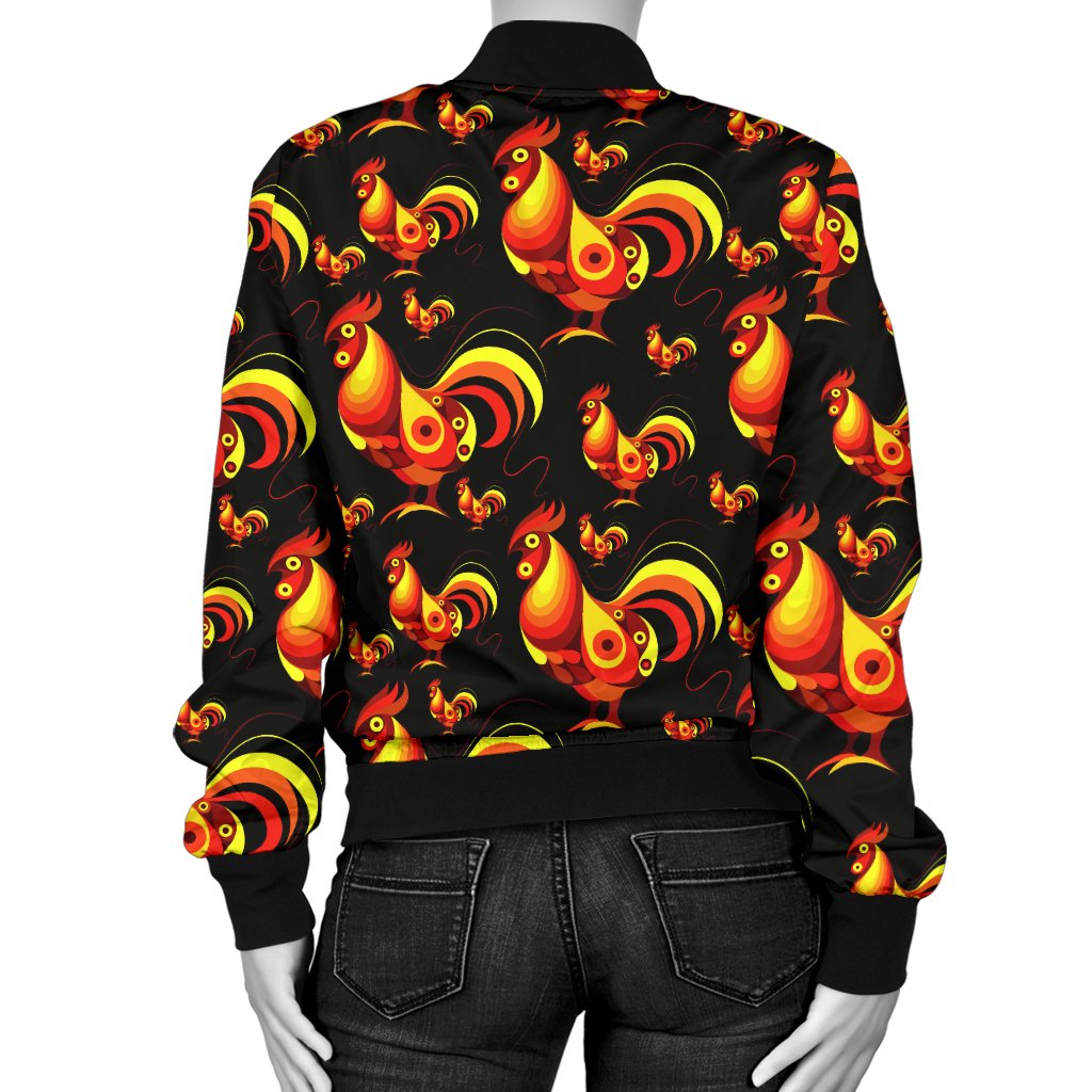 Rooster Print Themed Women Casual Bomber Jacket