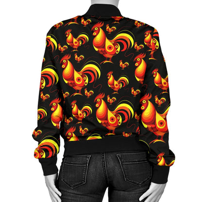 Rooster Print Themed Women Casual Bomber Jacket