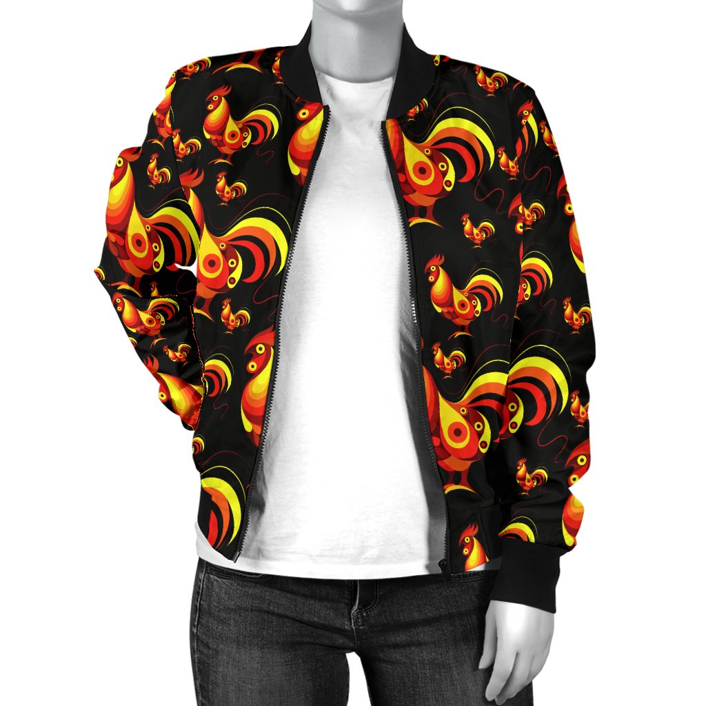 Rooster Print Themed Women Casual Bomber Jacket