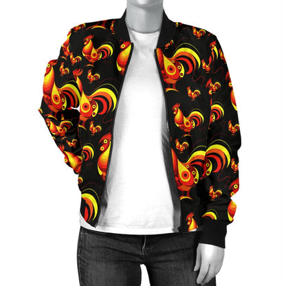 Rooster Print Themed Women Casual Bomber Jacket