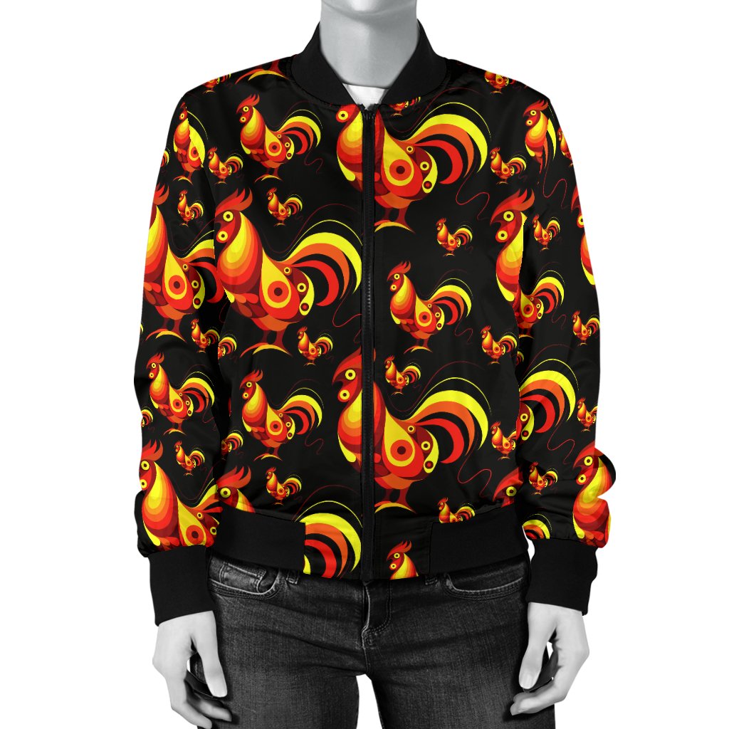 Rooster Print Themed Women Casual Bomber Jacket