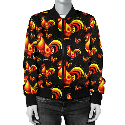 Rooster Print Themed Women Casual Bomber Jacket